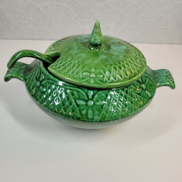 Marcia Of California Pottery Soup Tureen Green MCM Serving Bowl Ladle Lid USA - Picture 5 of 13